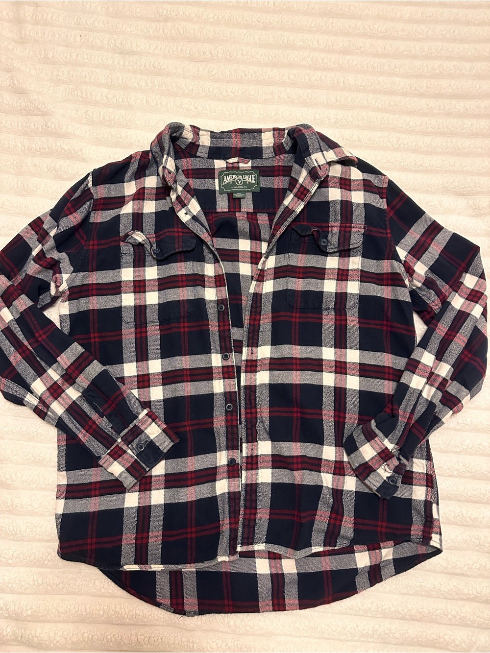 American Eagle Outfitters Navy, White & Red Plaid Button-Up Shirt